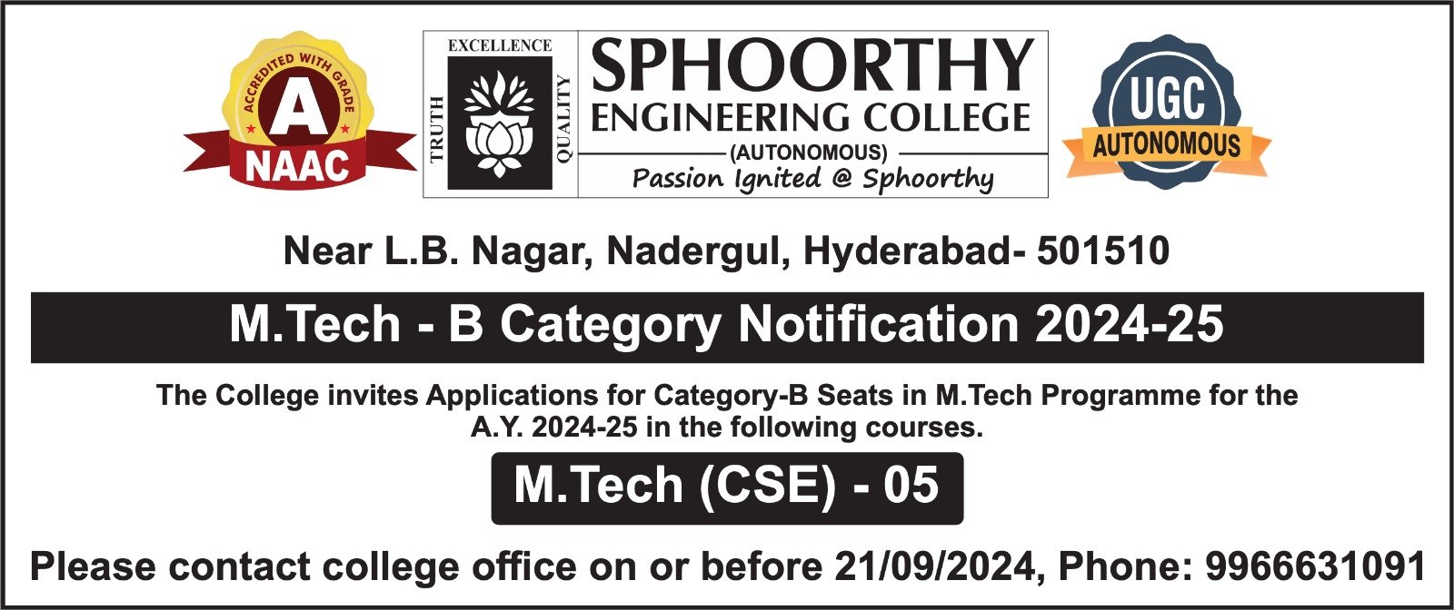 M.Tech B-Category Notification 2024-25